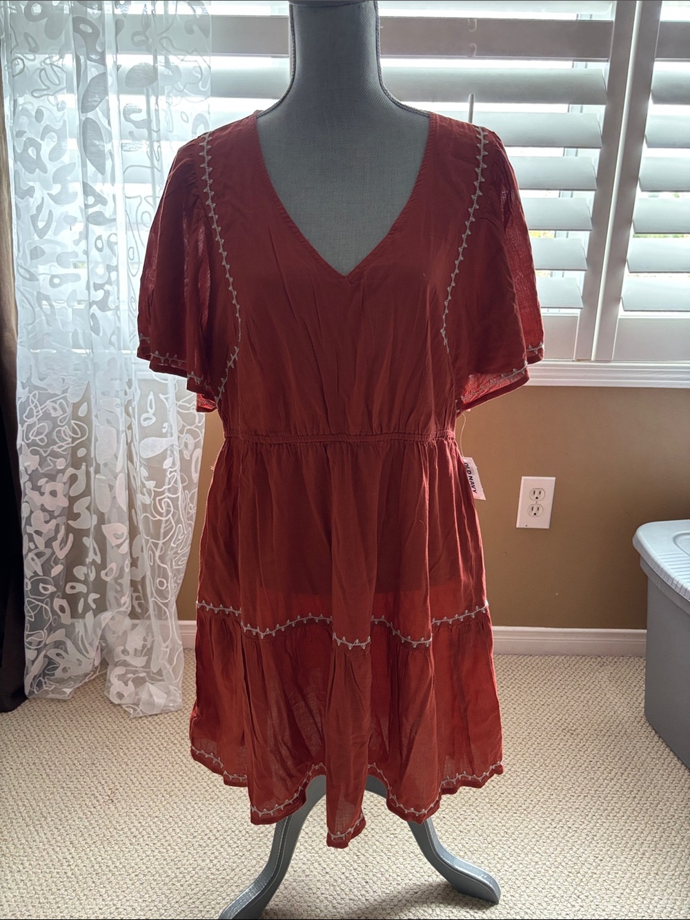 Rust Red V-Neck Tiered Mini Dress with White Embroidered Trim